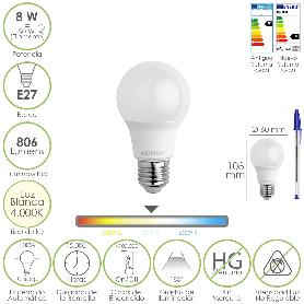 BOMBILLA LED ESTANDAR ROSCA E27. 8 WATT. EQUIVALE A 65 WATT. 806 LUMENES. LUZ NEUTRA (4000º K.)