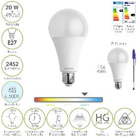 BOMBILLA LED ESTANDAR ROSCA E27. 20  WATT. EQUIVALE A 150 WATT. 2452 LUMENES. LUZ FRIA (6500º K.)