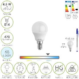 BOMBILLA LED ESFERICA ROSCA E14 4.5 WATT. EQUIVALE A 35 WATT. 470 LUMENES. LUZ FRIA (6500º K)