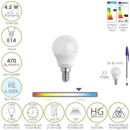 BOMBILLA LED ESFERICA ROSCA E14 4.5 WATT. EQUIVALE A 35 WATT. 470 LUMENES. LUZ FRIA (6500º K)