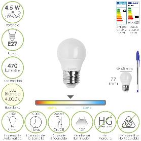 BOMBILLA LED ESFERICA ROSCA E27 4.5 WATT. EQUIVALE A 55 WATT. 470 LUMENES. LUZ NEUTRA (4000º K)