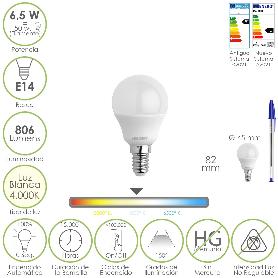 BOMBILLA LED ESFERA ROSCA E14. 6.5 WATT. EQUIVALE A 50 WATT. 806 LUMENES. LUZ NEUTRA 4000º K.