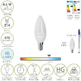 BOMBILLA LED VELA ROSCA E14. 4,5 WATT. EQUIVALE A 35 WATT. 470 LUMENES. LUZ FIRA (6500º K.)