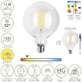 BOMBILLA LED FILAMENTO GLOBO E27. 11 WATT. EQUIVALE A 100 WATT. 1521 LUMENES. LUZ CALIDA 2700º K.