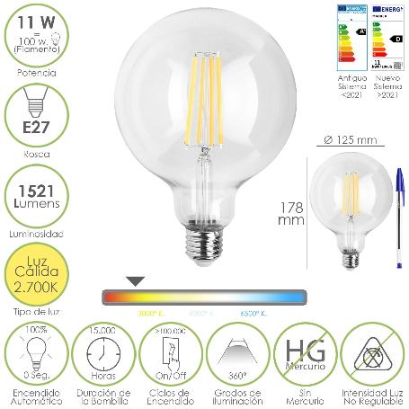 BOMBILLA LED FILAMENTO GLOBO E27. 11 WATT. EQUIVALE A 100 WATT. 1521 LUMENES. LUZ CALIDA 2700º K.