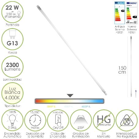 TUBO LED T8 150 CM. 22 WATT. EQUIVALE A 150 WATT. 2300 LUMENES. LUZ NEUTRA 4000º K.