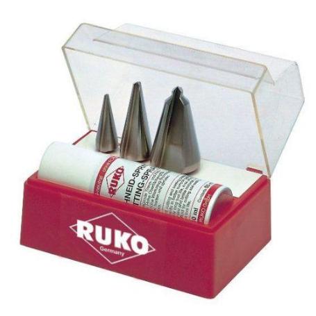 RUKO-101009-JUEGO 3 BROCAS CÓNICAS HSS + SPRAY DE CORTE 50 ML