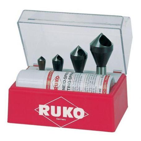 RUKO-102310E-JUEGO DE 4 AVELLANADORES-DESBARBADORES HSS-CO 5 + SPRAY DE CORTE 50 ML