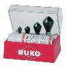 RUKO-102310E-JUEGO DE 4 AVELLANADORES-DESBARBADORES HSS-CO 5 + SPRAY DE CORTE 50 ML