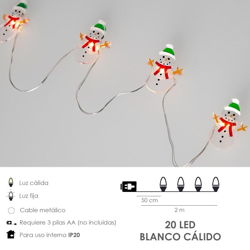 Guirnalda luces navidad a pilas 20 leds muñecos de nieve. luz calida uso  interno ip20