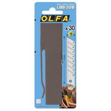 OLFA-LBB-30B-PACK DE 30 CUCHILLAS TROCEABLES NEGRAS EXCEL BLACK DE 18 MM EN CAJA DE PLÁSTICO CON CLIP