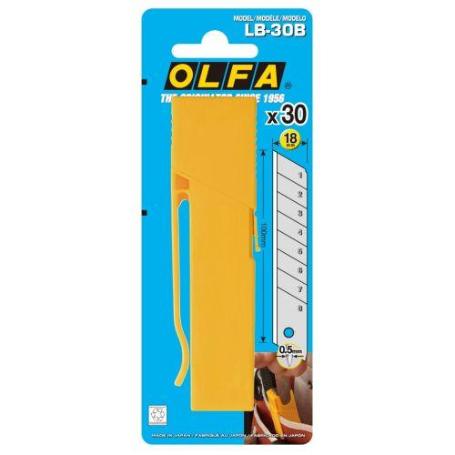 OLFA-LB-30B-PACK DE 30 CUCHILLAS TROCEABLES PLATEADAS DE 18 MM EN CAJA DE PLÁSTICO CON CLIP
