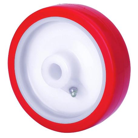 RUEDA PO100-12-40 NUCLEO NYLON BLANCO Y BANDA POLIUR.ROJO EJE LISO