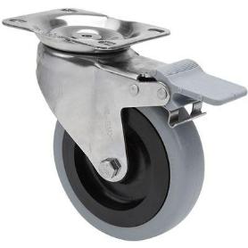 RUEDA GIRATORA PLACA FRENO INOX.10ZVIFD125-PGAN POLIAMIX-GOMA GRIS EJE LISO