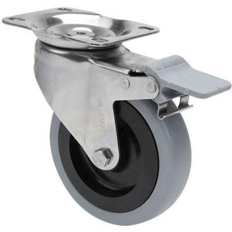 RUEDA GIRATORA PLACA FRENO INOX.10ZVIFD125-PGAN POLIAMIX-GOMA GRIS EJE LISO