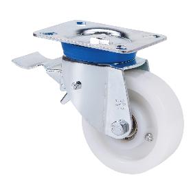 RUEDA GIRATORA PLACA FRENO 10TVFD125-FTB NYLON BLANCO EXTRAFUERTE EJE BOLAS