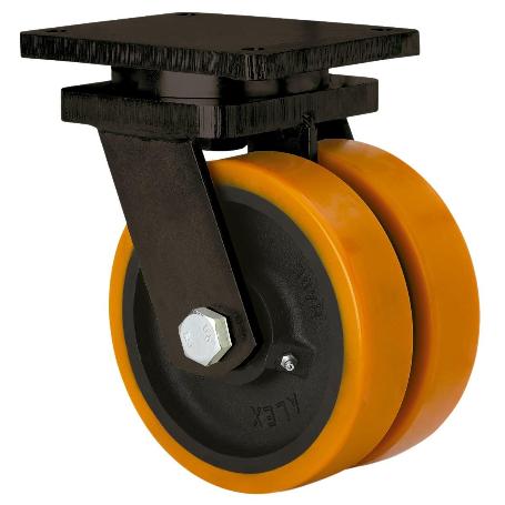 RUEDA GIRATORA PLACA 10HLG150-HUB HIERRO-POLIUR.NARANJA(DOBLE) EJE BOLAS