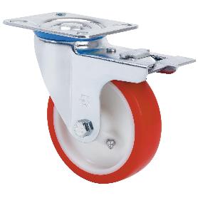 RUEDA GIRATORA PLACA FRENO 10ZVFD150-POB NYLON BLANCO-POLIUR.ROJO EJE BOLAS