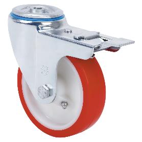 RUEDA GIRATORA AGUJERO M12 FRENO 20ZVFD150-POB NYLON BLANCO-POLIUR.ROJO BOLAS
