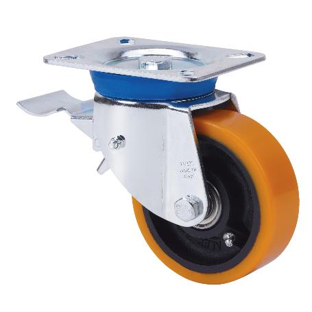 RUEDA GIRATORA PLACA FRENO 10TVFD125-HUB HIERRO-POLIUR.NARANJA EJE BOLAS
