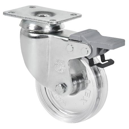 RUEDA GIRATORA PLACA FRENO 10BHFD100-SLC POLICARBONATO TRANSP. EJE LISO