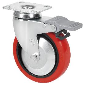 RUEDA GIRATORA PLACA FRENO 10BHAFD125CP-PPIA POLIAMIX-POLIUR.ROJO EJE LISO