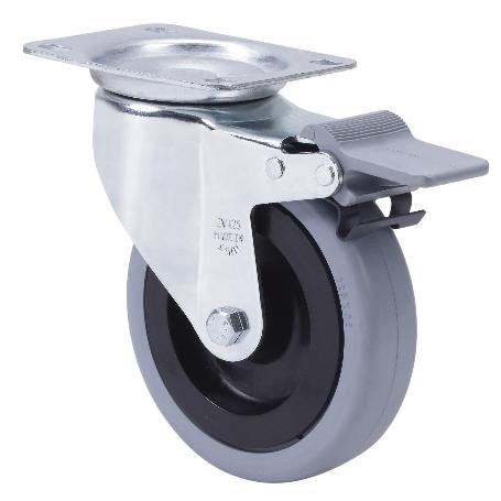 RUEDA GIRATORA PLACA FRENO 10ZVLFD100-PGAN POLIAMIX-GOMA GRIS EJE LISO
