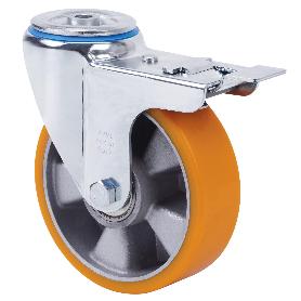 RUEDA GIRATORA AGUJERO M12 FRENO 20ZVFD100-AUB ALUMINIO-POLIUR.NARANJA BOLAS