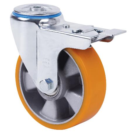 RUEDA GIRATORA AGUJERO M12 FRENO 20ZVFD160-AUB ALUMINIO-POLIUR.NARANJA BOLAS