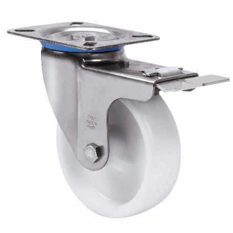 RUEDA GIRATORA PLACA FRENO INOX.10ZVIFD125-UTR POLIAMIX BLANCO EJE RODILLOS