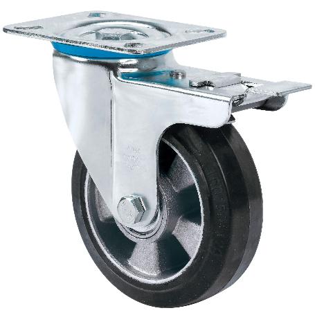 RUEDA GIRATORA PLACA FRENO 10ZVFD125-DEB ALUMINIO-GOMA NEGRA ELASTICA BOLAS