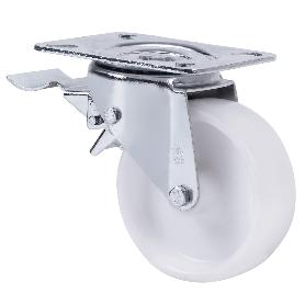 RUEDA GIRATORA PLACA FRENO 10TVCFD125-TNB NYLON BLANCO EJE BOLAS