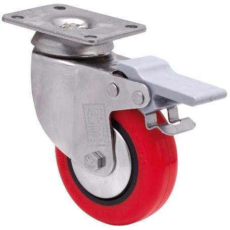 RUEDA GIRATORA PLACA FRENO INOX.10BHIFD100CP-PPI POLIAMIX-POLIUR.ROJO LISO