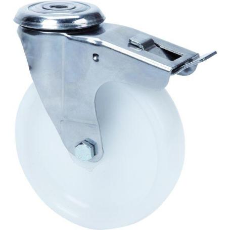 RUEDA GIRATORA AGUJERO M12 FRENO INOX.20ZLIFD125-UT POLIAMIX BLANCO EJE LISO