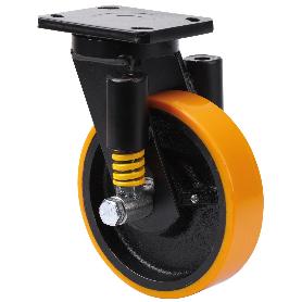RUEDA GIRATORA PLACA 10HLSE150-HUB SUSPENSION HIERRO-POLIUR.NARANJA EJE BOLAS