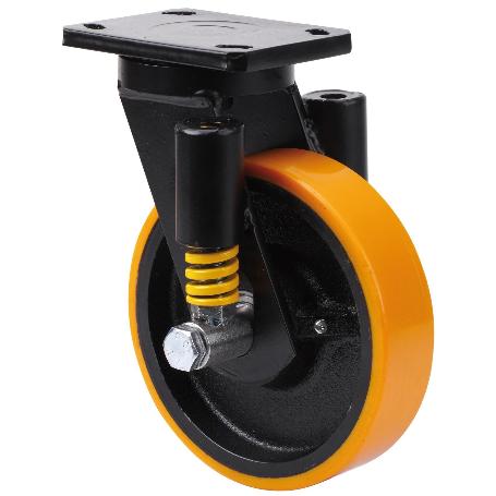 RUEDA GIRATORA PLACA 10HLSE200-HUB SUSPENSION HIERRO-POLIUR.NARANJA EJE BOLAS