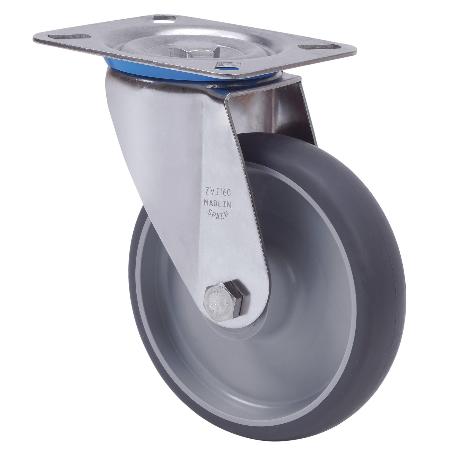 RUEDA GIRATORA PLACA INOX.10ZVI200-PGZN POLIAMIX-GOMA GRIS INYECT.EJE LISO