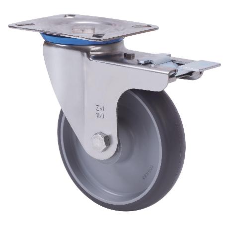 RUEDA GIRATORA PLACA FR.INOX.10ZVIFD125-PGZN POLIAMIX-GOMA GRIS INYECT.LISO