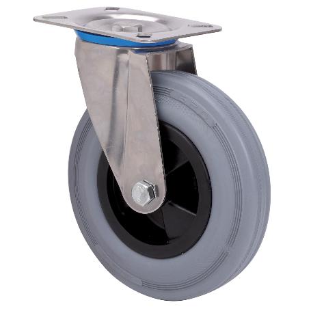 RUEDA GIRATORA PLACA INOX.10ZVI200-PSN POLIAMIX-GOMA GRIS EJE LISO