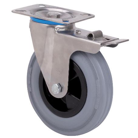 RUEDA GIRATORA PLACA FRENO INOX.10ZVIFD160-PSN POLIAMIX-GOMA GRIS EJE LISO