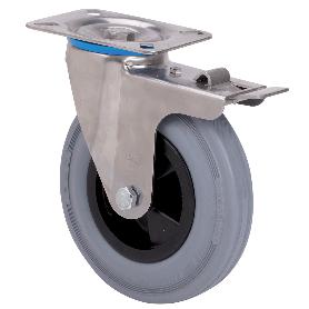 RUEDA GIRATORA PLACA FRENO INOX.10ZVIFD200-PSN POLIAMIX-GOMA GRIS EJE LISO