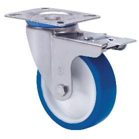 RUEDA GIRATORA PLACA FRENO 10ZVFD150-POAR POLIAMIX BLANCO-POLIUR.AZUL RODILL.