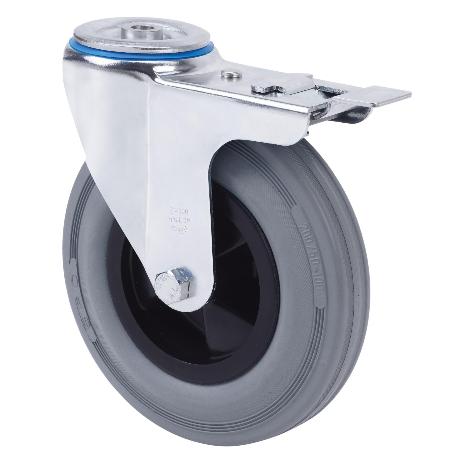 RUEDA GIRATORA AGUJERO M12 FRENO 20ZVFD160CP-PSB POLIAMIX-GOMA GRIS EJE BOLAS