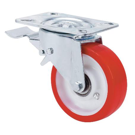 RUEDA GIRATORA PLACA FRENO 10TVCFD125-POB NYLON BLANCO-POLIUR.ROJO EJE BOLAS