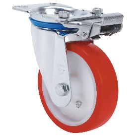 RUEDA GIRATORA PLACA MEC.DIR.10ZVMD150-PO NYLON BLANCO-POLIUR.ROJO EJE LISO