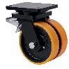 RUEDA GIRATORA PLACA FRENO 10HLGFD150-HUB HIERRO-POLIUR.NARANJA(DOBLE) BOLAS