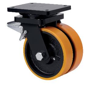 RUEDA GIRATORA PLACA FRENO 10HLGFD200-HUB HIERRO-POLIUR.NARANJA(DOBLE) BOLAS