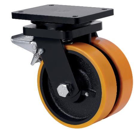 RUEDA GIRATORA PLACA FRENO 10HLGFD200-HUB HIERRO-POLIUR.NARANJA(DOBLE) BOLAS
