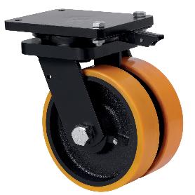 RUEDA GIRATORA PLACA MEC.DIR.10HLGMD200-HUB HIERRO-POLIUR.NARANJA(DOBLE)BOLAS