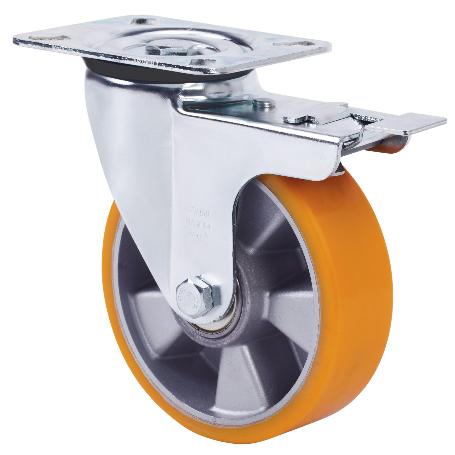 RUEDA GIRATORA PLACA FRENO 4MM 10ZVRFD160-AUB ALUMINIO-POLIUR.NARANJA BOLAS